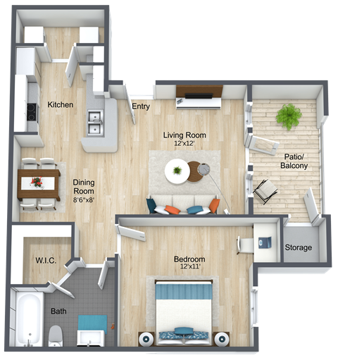 Floor plan for 1 bed, 1 bath, 624 sqft